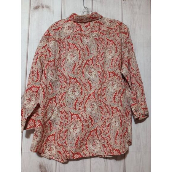 Chaps Ladies 2x Paisley Button Down Shirt Top Blouse Red Taupe Long Sleeve - Picture 2 of 7